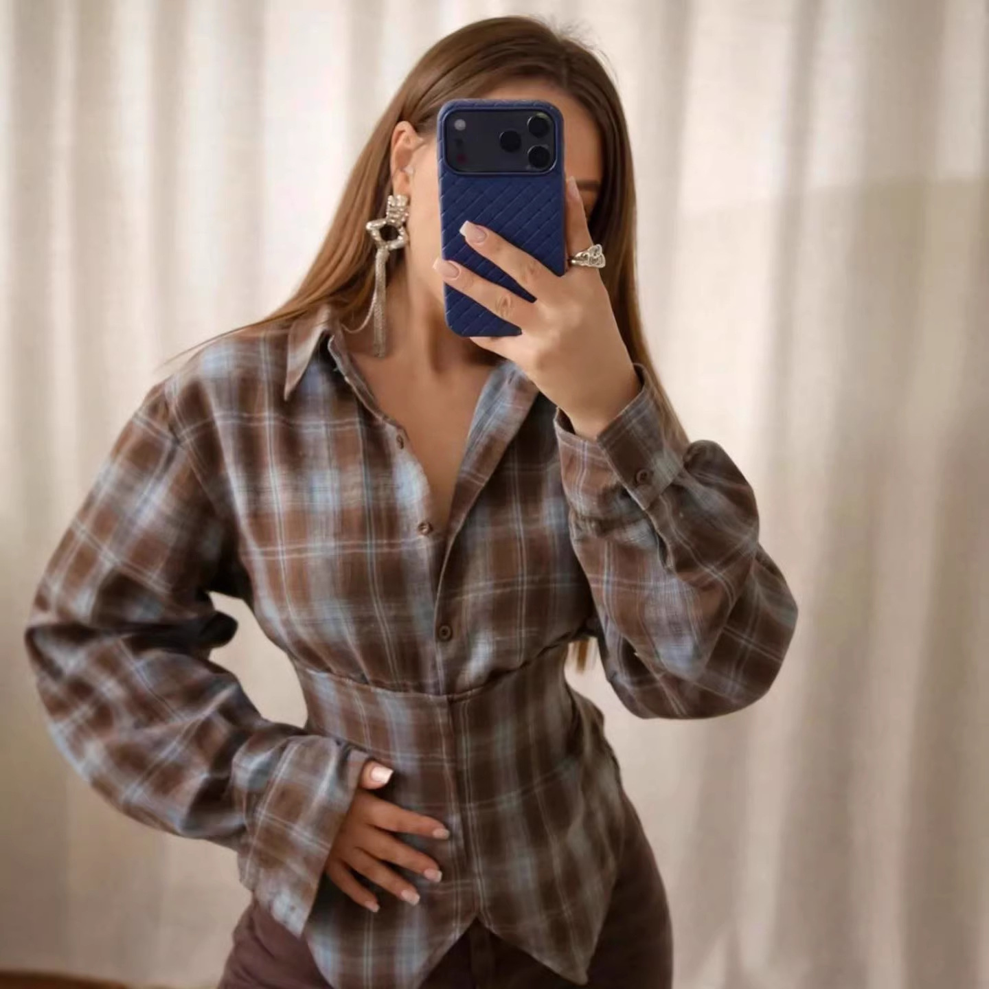 Christmas Throw Blanket - Loose Women's Plaid Blouse Vintage Long