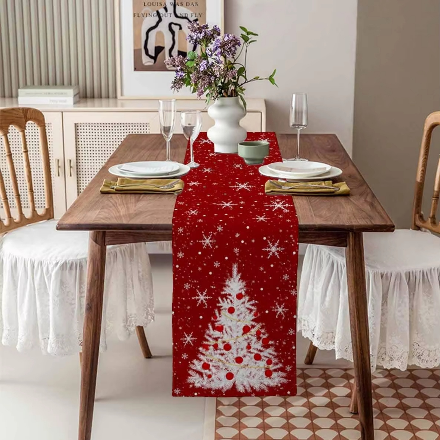 Red Table Runner Christmas Tre - Christmas Table Runner บทวิจารณ์และราคา