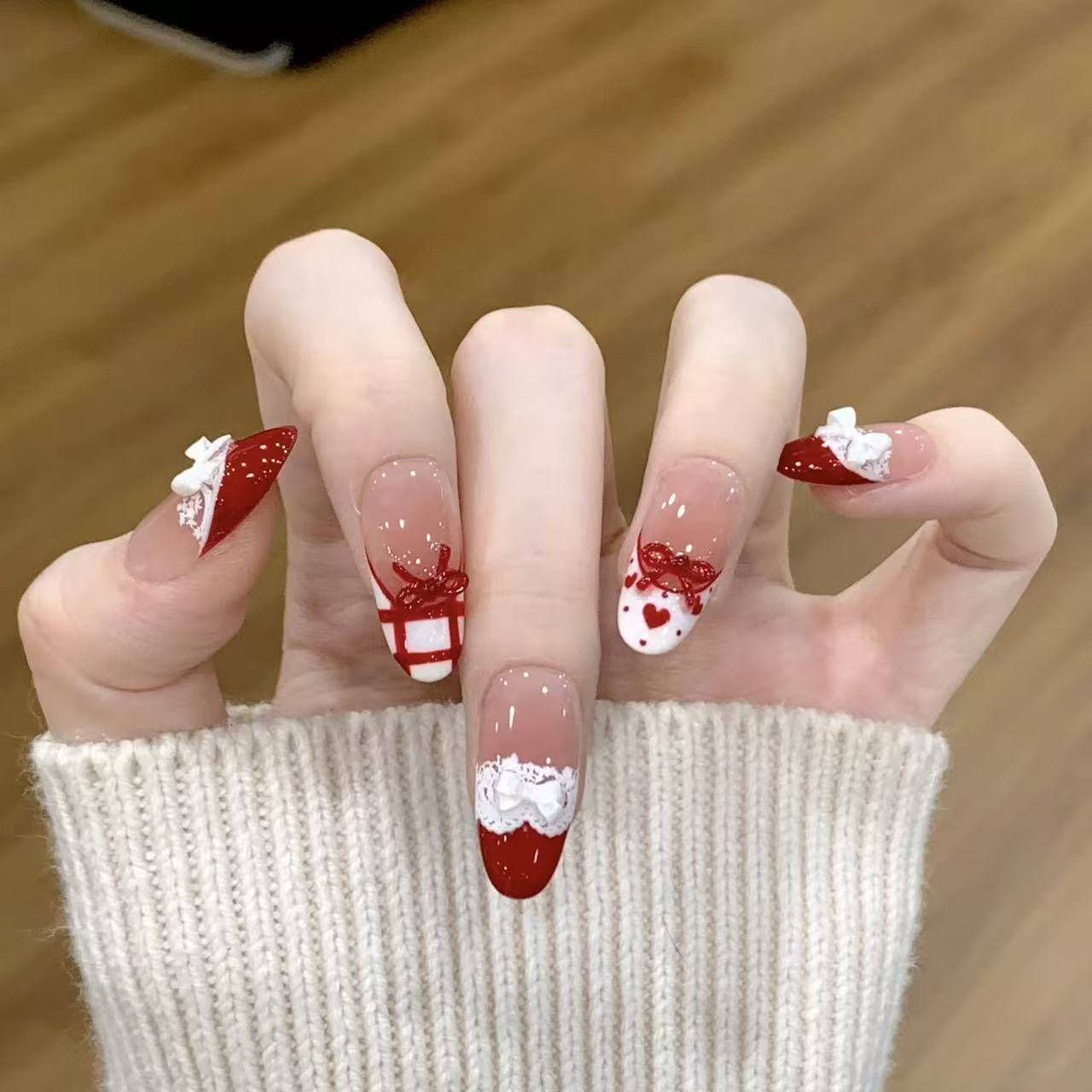 10pcs Handmade Press on Nails  - Christmas Throw Blanket บทวิจารณ์และราคา
