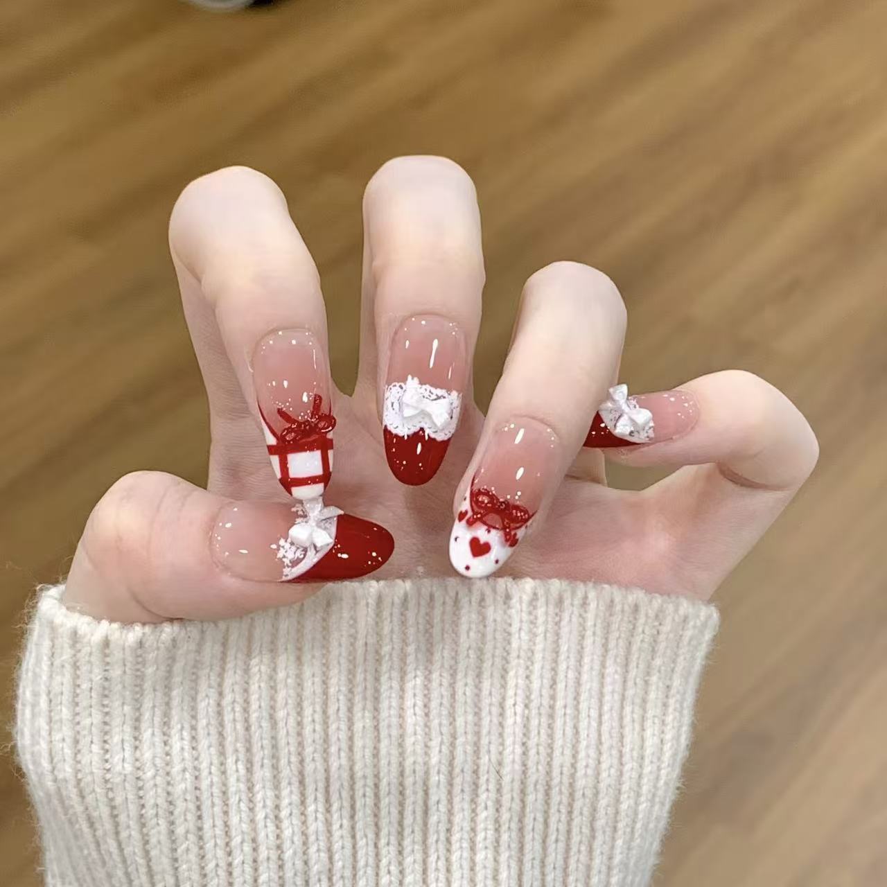 10pcs Handmade Press on Nails  - Christmas Throw Blanket บทวิจารณ์และราคา