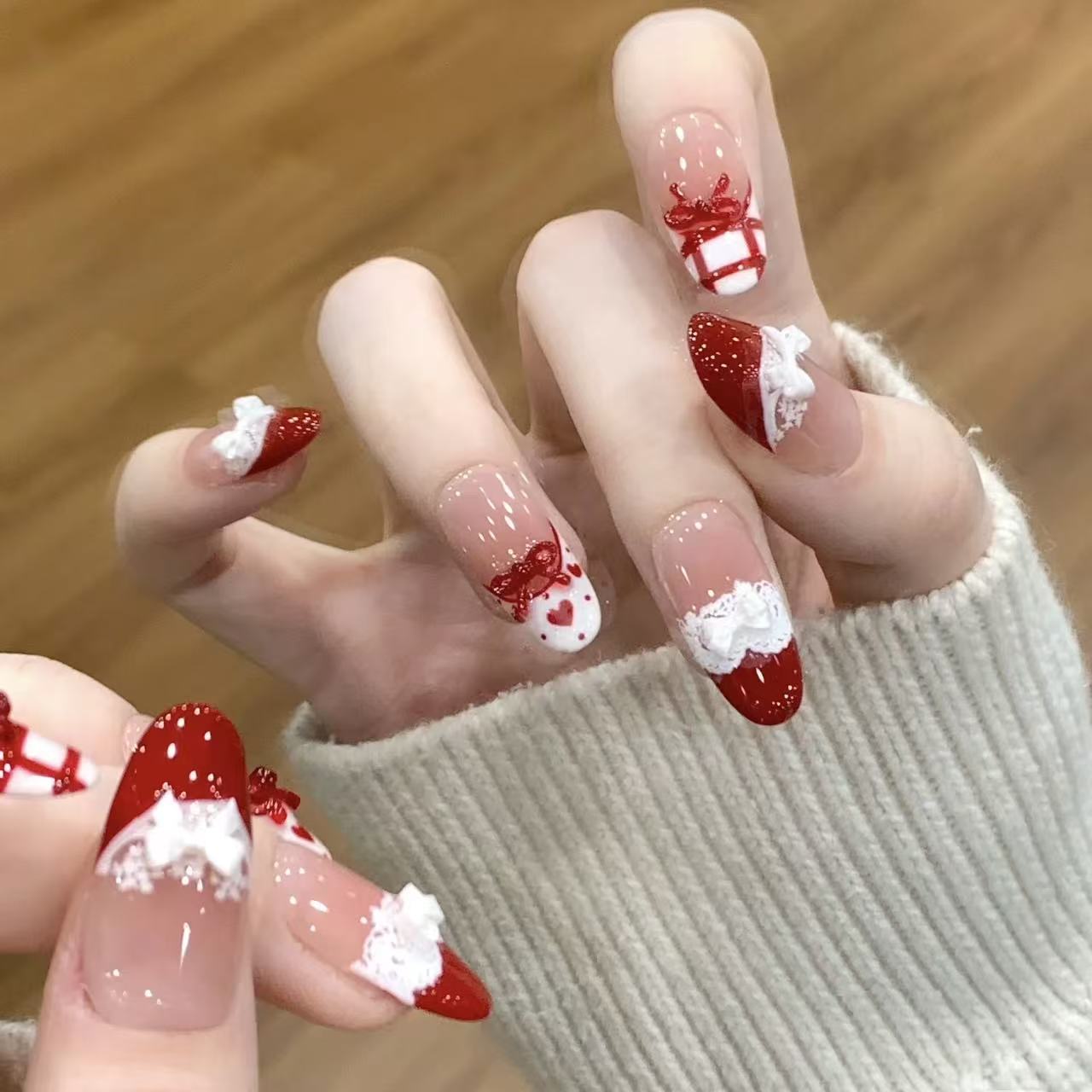10pcs Handmade Press on Nails  - Christmas Throw Blanket บทวิจารณ์และราคา